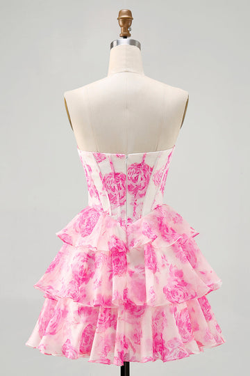A-Line Strapless Corset Tiered Fuchsia Floral Short Prom Dress